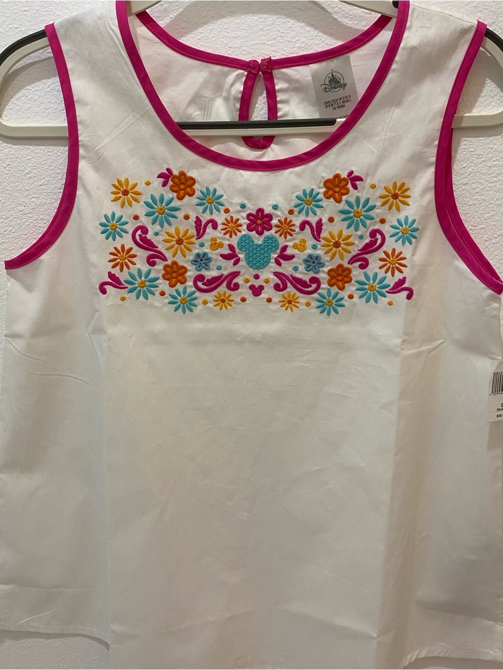 🆕Disney Parks Ladies Encanto Theme White Sleeveless Top w/Floral Embroidery - S